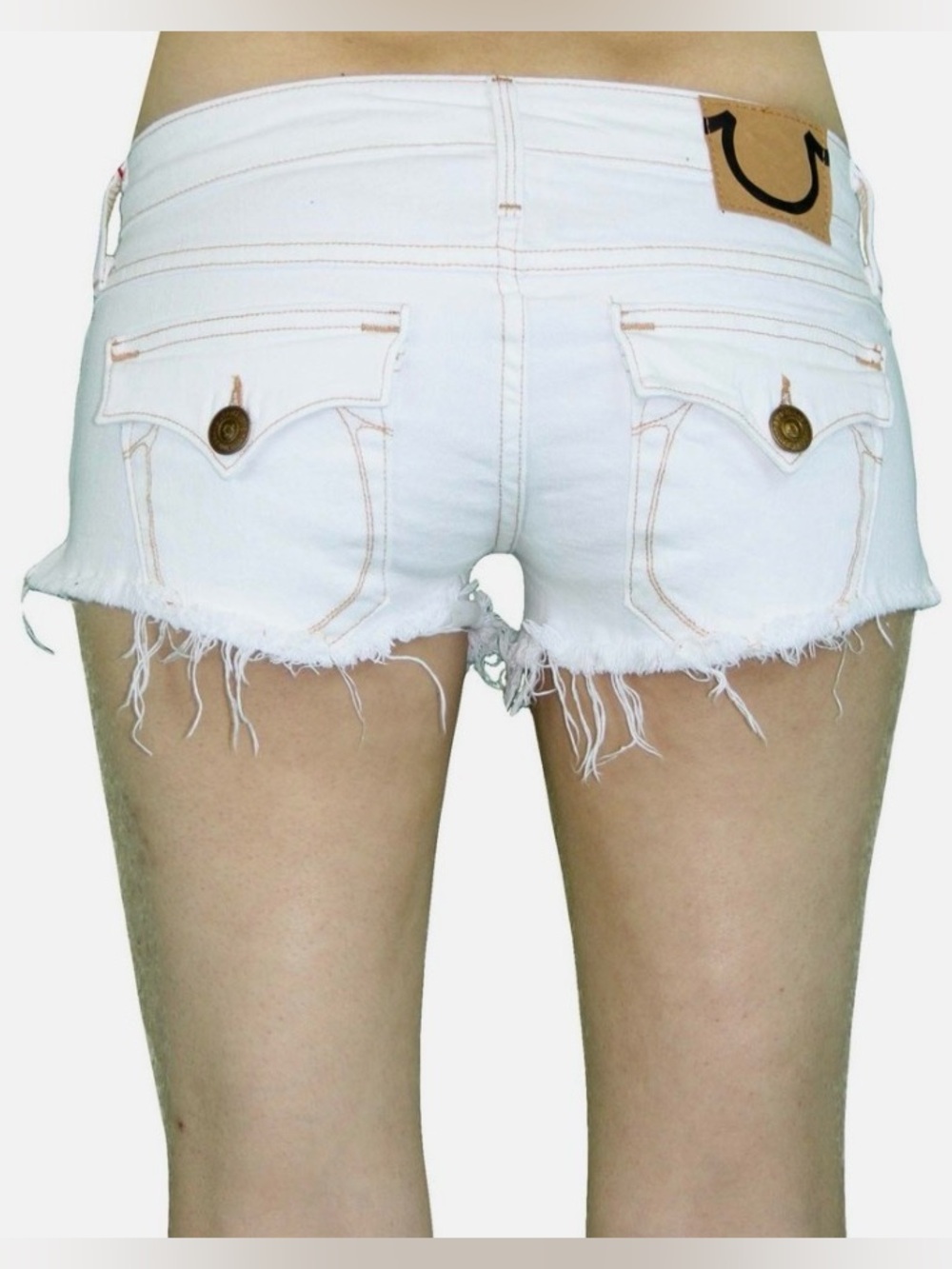 TRUE RELIGION Brand Jeans Joey CutOff White Snake Eyes Stitch Denim Shorts